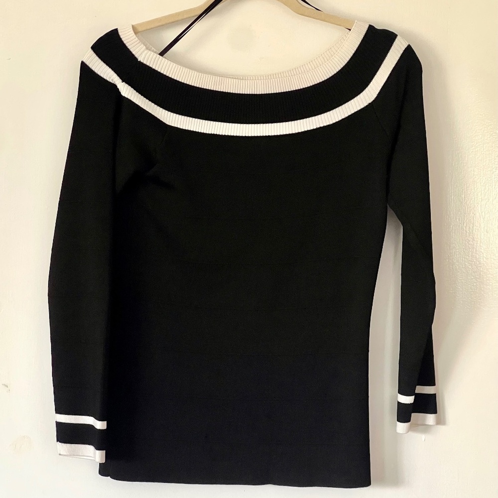 NWOT INC Black White Boatneck Long Sleeve Petite Large Top